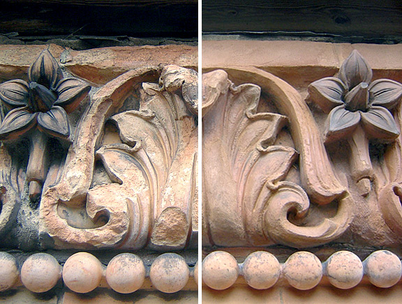 Palmettenfries aus Terrakotta, Zustand vor (links) u. nach der Restaurierung (rechts)