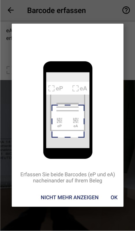 Screenshot der Fotoapp - Hinweis für Barcodeerfassung