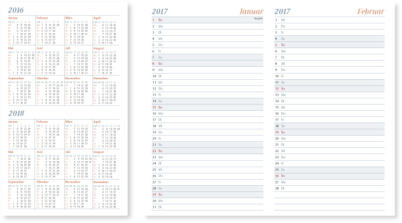 Jahres- und Monatsübersicht des Wandkalenders 