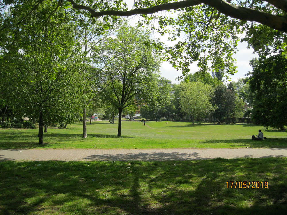 Böcklerpark im Mai 2019: Grünfläche hinter dem Stadthaus Böcklerpark
