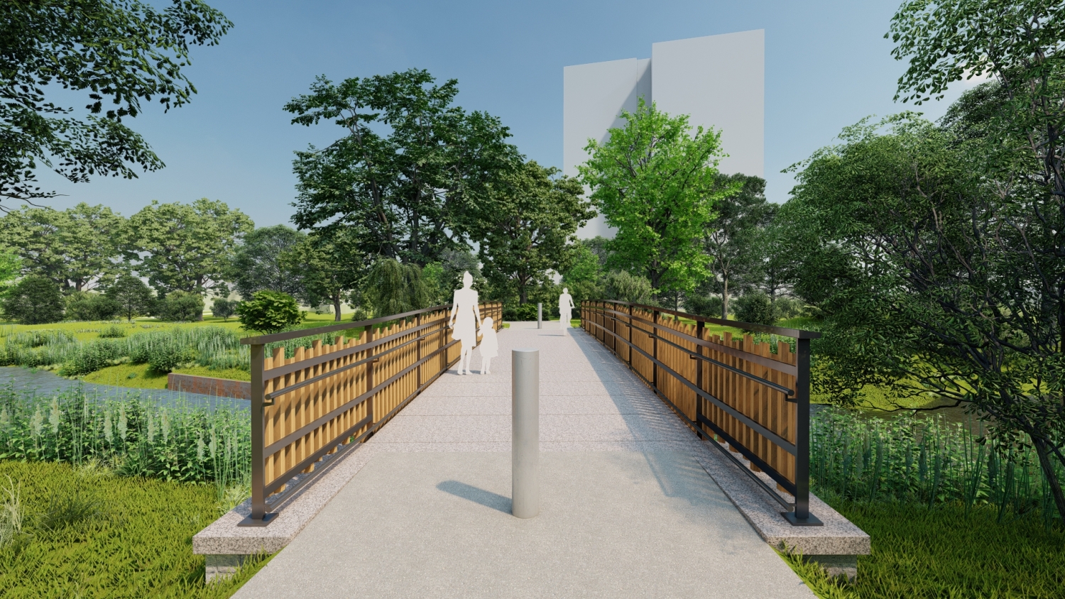 Visualisierung Südparkbrücke: Blick auf Brücke Richtung Hochhaus
