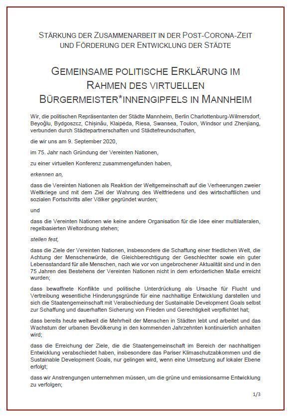 Gemeinsame politische Erklärung im Rahmen des virtuellen Bürgermeister*innengipfels in Mannheim, Seite 1