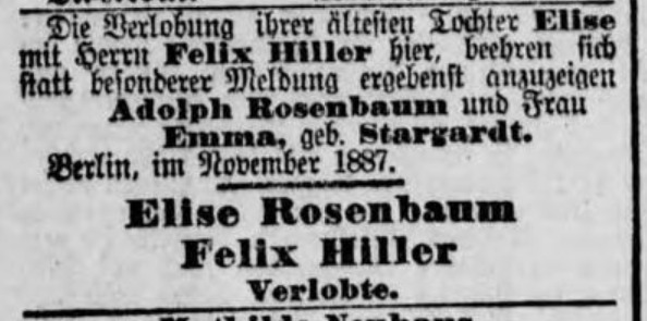 Bekanntmachung Verlobung Elise Hiller, Felix Hiller 1887