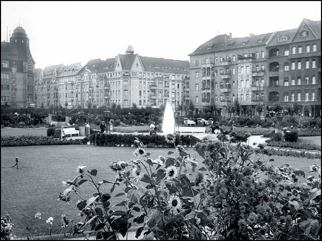 Historisches Foto von Erwin Barth - Gustav-Adolf-Platz (Mierendorffplatz), Schmuckanlage mit Sonnenblumen, um 1915