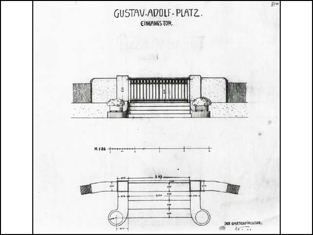 Historischer Plan von Erwin Barth - Gustav-Adolf-Platz (Mierendorffplatz), Entwurf für die Eingänge, M 1:50, 1912, Bleistift/Transp.