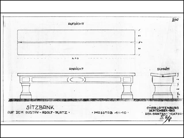 Historischer Plan von Erwin Barth - Gustav-Adolf-Platz (Mierendorffplatz), Entwurf einer Sitzbank, M 1:10, 1925, Bleistift/Transp.