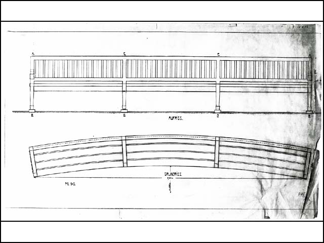 Historischer Plan von Erwin Barth - Gustav-Adolf-Platz (Mierendorffplatz), Entwurf für eine leicht gebogene Holzbank für den Fontänenplatz, um 1912, Bleistift/Transp.