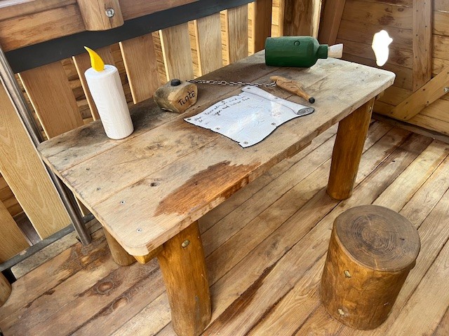 Piratenturm mit Flagge, Piratenschiff. Tisch mit Stift und Karte