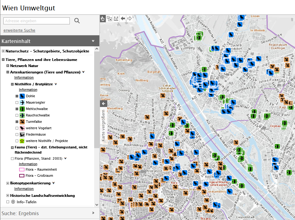 Ausschnitt aus dem öffentlichen digitalen Kartenverzeichnis, Beispiel Gebäudebrüter