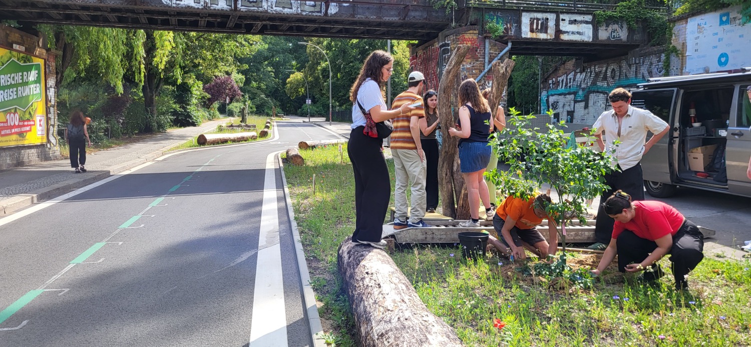 Student*innen der Universität Löwen unterstützen die Plfanzungen und Bohrungen an der Blühfläche