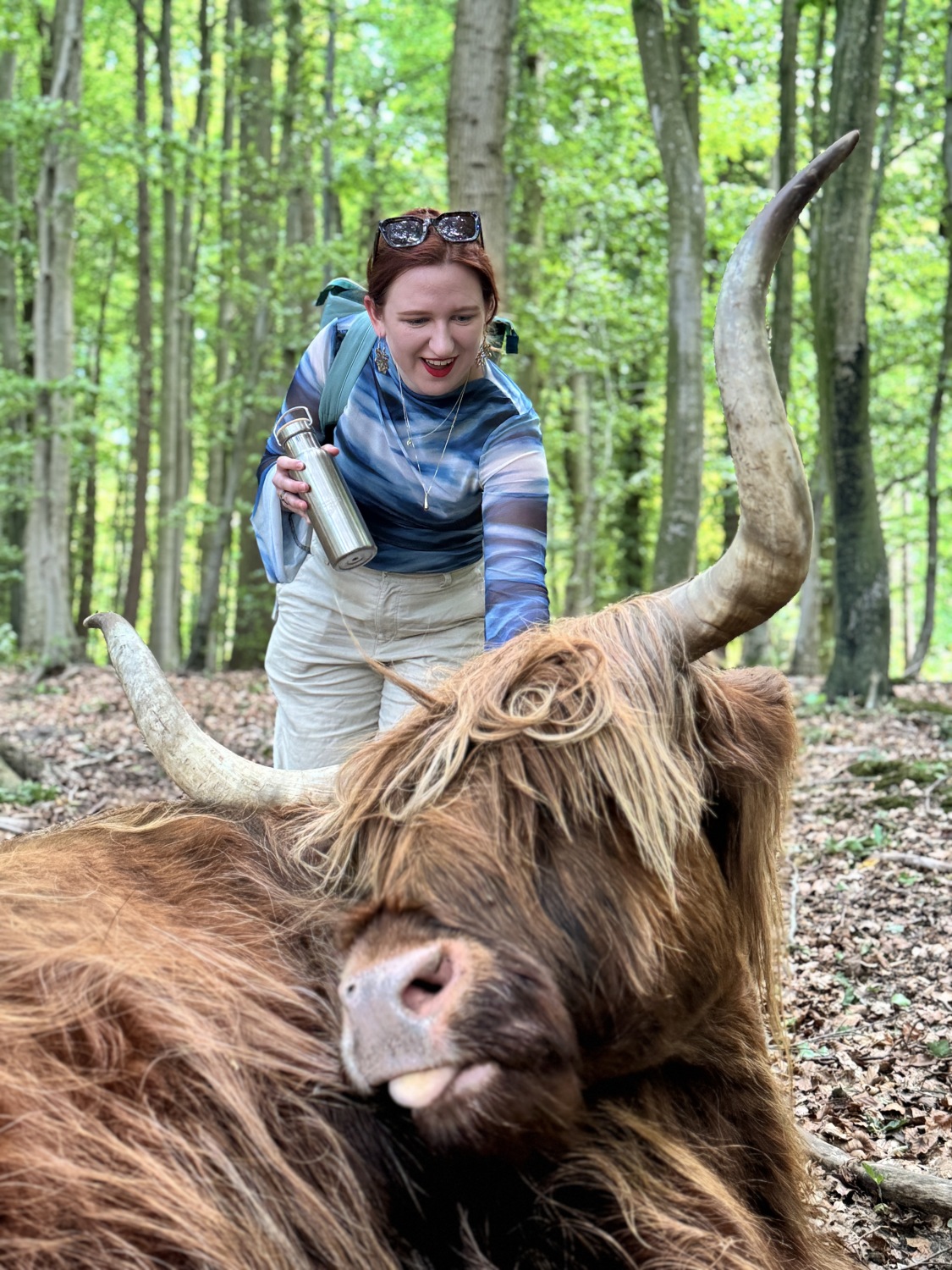 Person hält Edelstahlflasche mit Gravur in der Hand und streichelt ein liegendes Hochlandrind