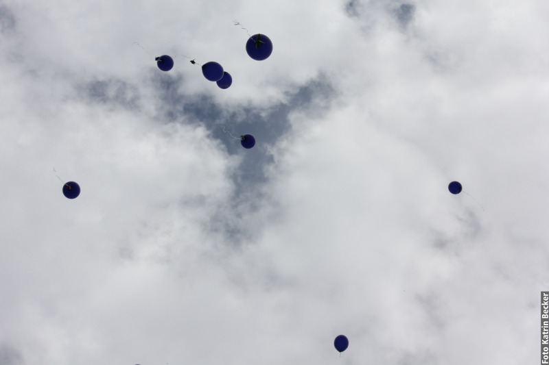 blaue Luftballons steigen auf
