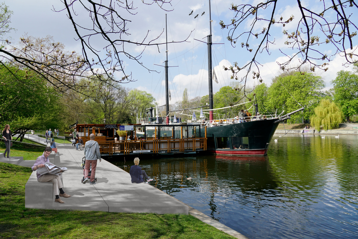 Urbanhafen - Visualisierung zur Entwurfsplanung, Uferterrasse, Mai 2025