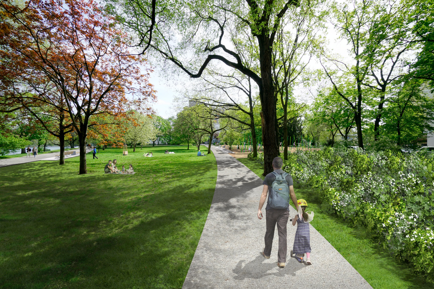 Urbanhafen - Visualisierung zur Entwurfsplanung, Grünfläche mit Spielplatz, Mai 2025