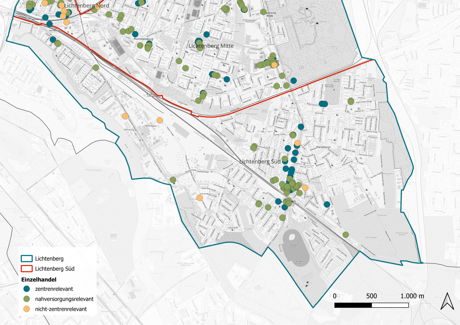 Karte mit Standorten zum Einzelhandelskonzept