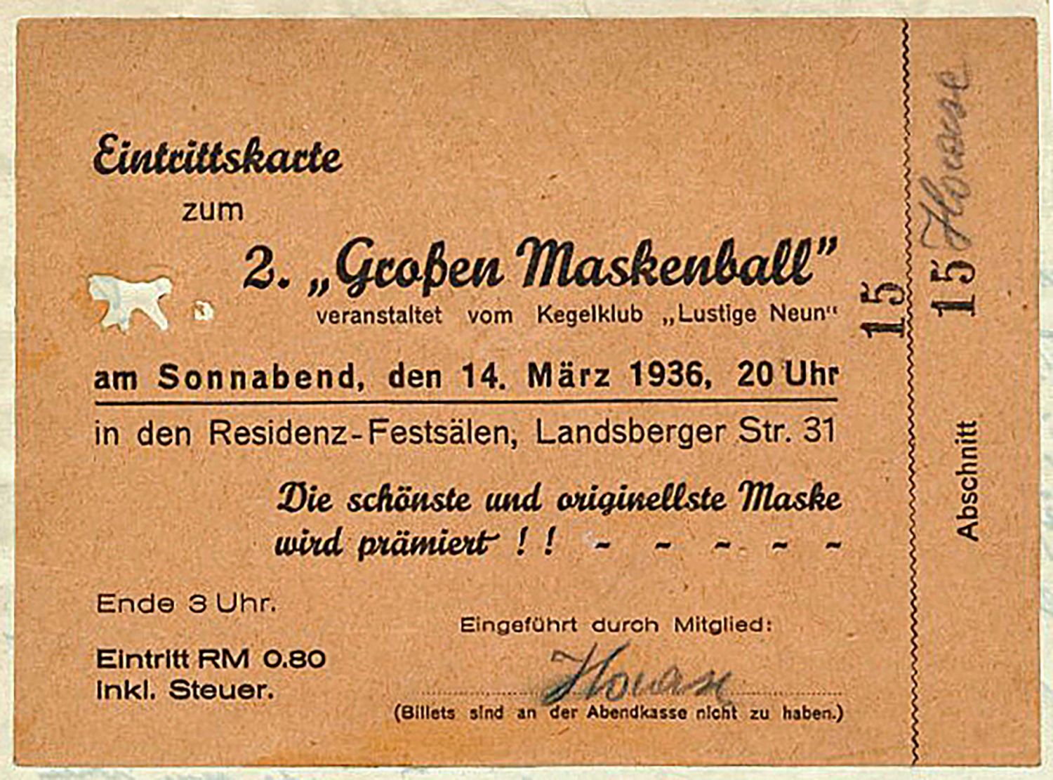 Bild einer Eintrittskarte zu einem Maskenball im Jahr 1936