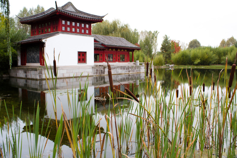 Gärten der Welt - Chinesischer Garten - außen - Steinboot im Wasser - Vordergrund Schilf