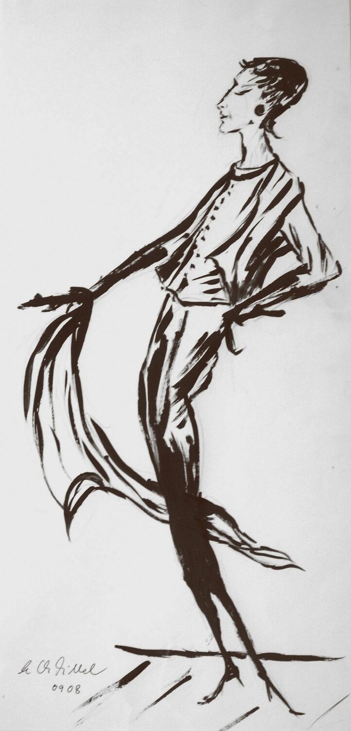 Schwarz-weiße Zeichung einer Frau mit Tuch