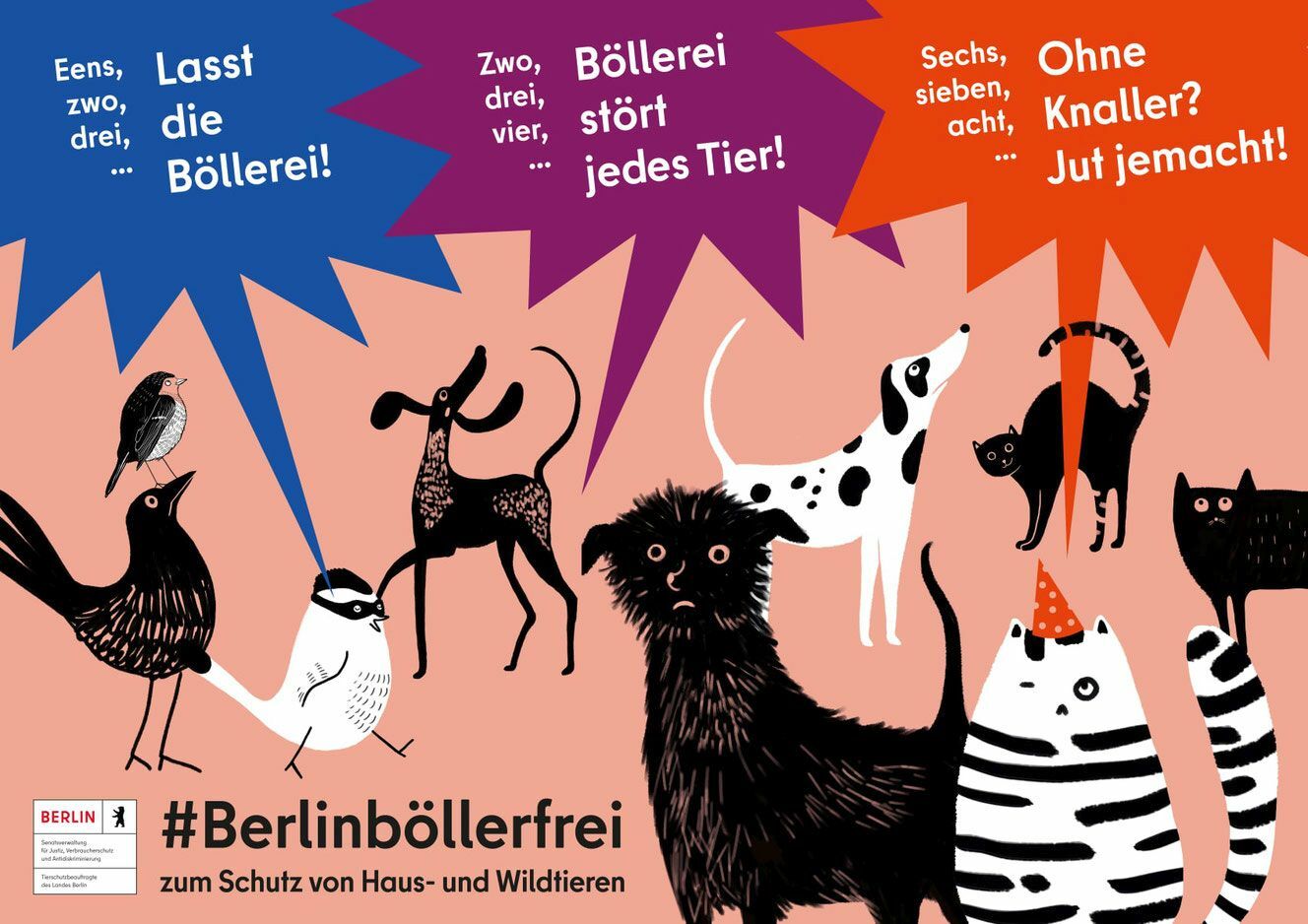 #Berlinböllerfrei - zum Schutz von Haus- und Wildtieren - Collage mit gezeichneten Haus- und Wildtieren, die ein Anti-Böller-Lied singen