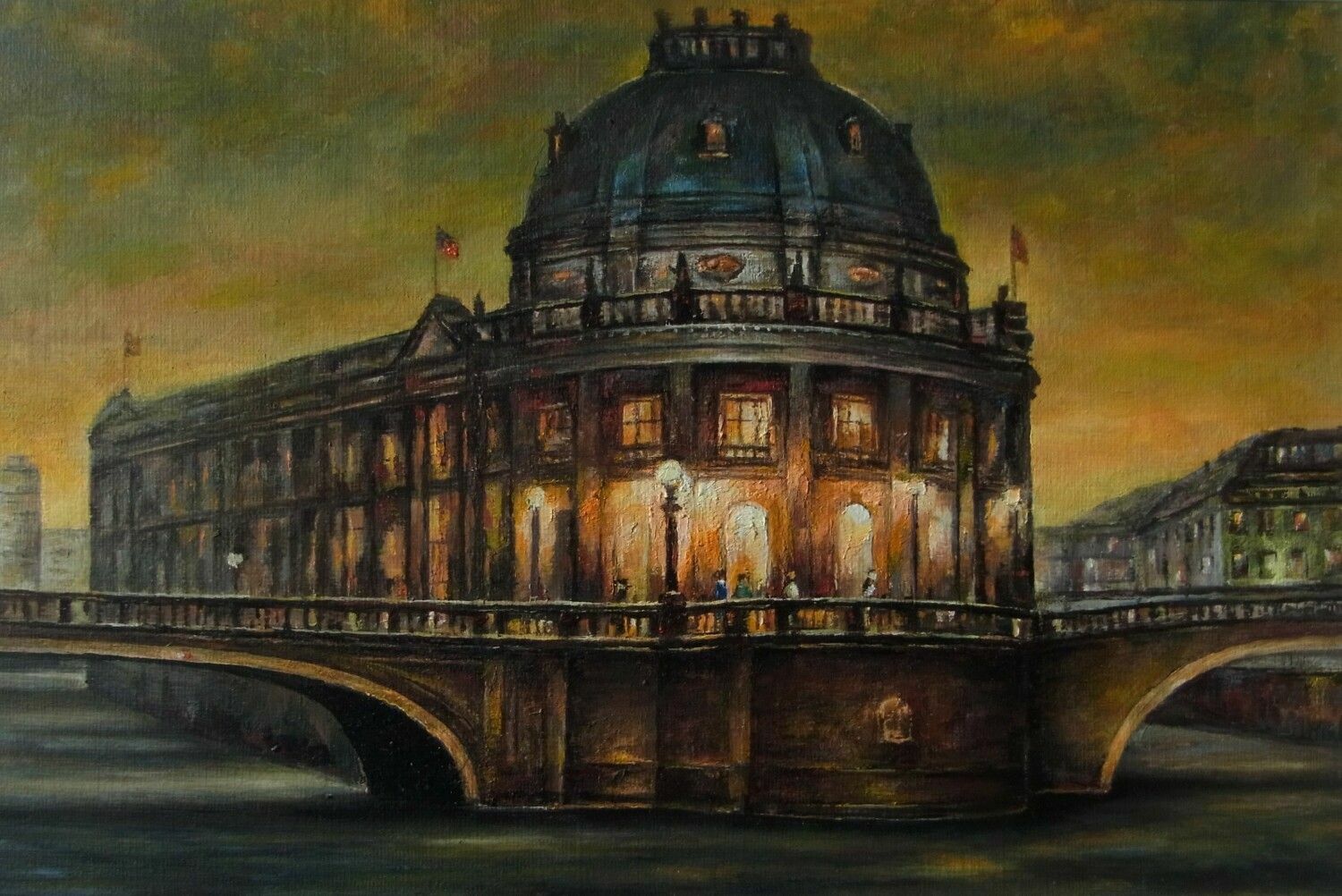 Das Ölbild "Am Bodemuseum" zeigt die Wasseransicht des Museums während der Dämmerung, es leuchten der Himmel das Licht von Laternen auf der Brücke