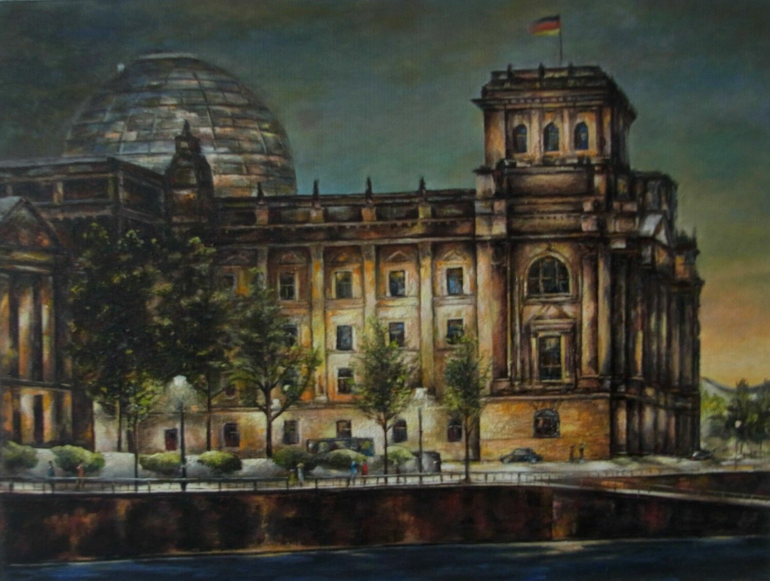 Das Ölbild "Blick auf den Rechstag" zeigt den Reichstag von der Spree aus, es herrscht Dämmerung und die Laternen entlang des Uferwegs setzen Lichtakzente