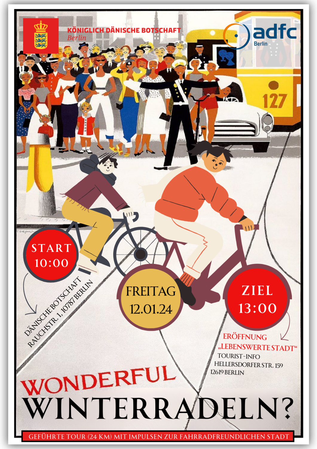 Ausstellung "Lebenswerte Stadt - 28x Stadtentwicklung in Dänemark" - Plakat "Wonderful Winterradeln" des ADFC für die Fahrt zur Ausstellung