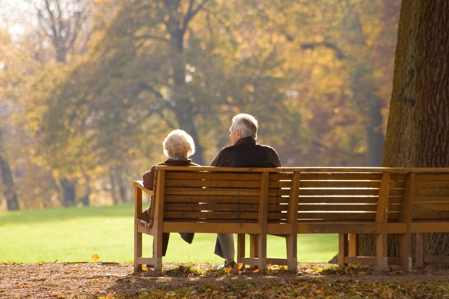 Zwei alte Menschen sitzen auf einer Bank im Park