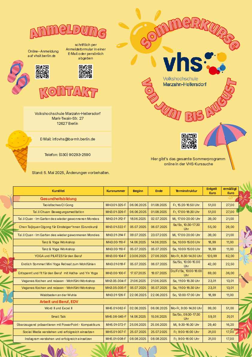 VHS Marzahn-Hellersdorf Flyer Sommerkurse