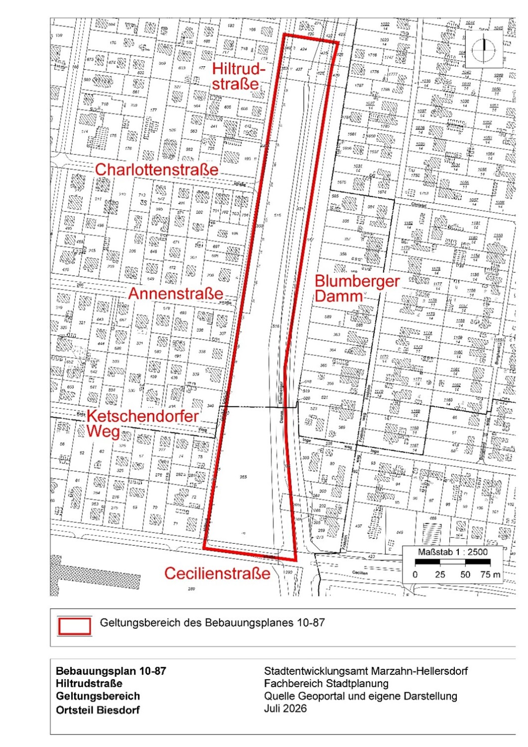 Geltungsbereich für B-Plan 10-87 „Hiltrudstraße“ in Biesdorf