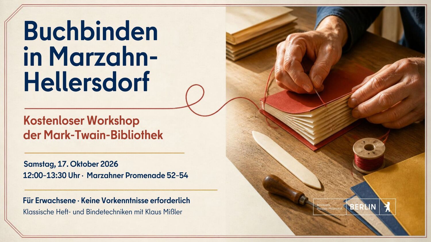 Buchbinden in Marzahn-Hellersdorf: Kostenloser Workshop der Mark-Twain-Bibliothek