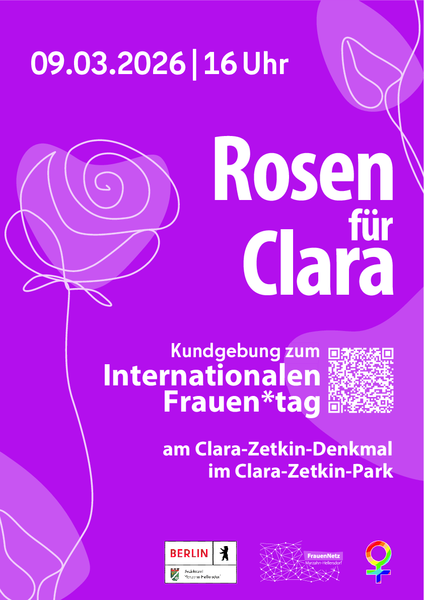 Rosen für Clara: Flyer für Kundgebung am 9. März 2026 in Marzahn-Hellersdorf