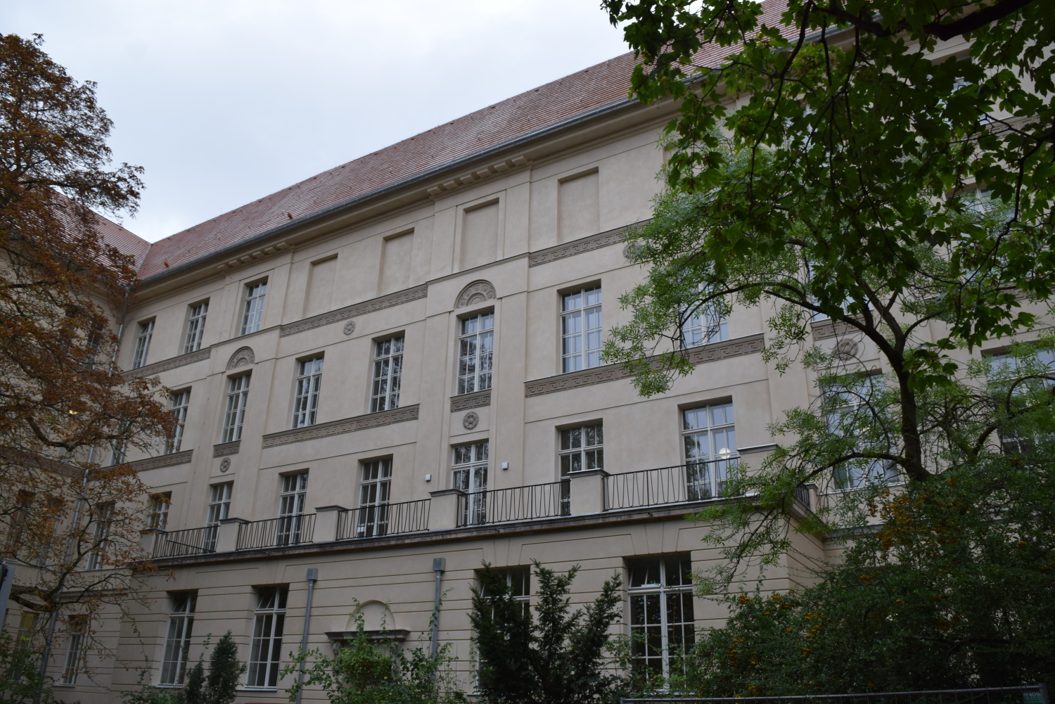 Die Fassade des Volkshochschulgebäudes ist beige. Teile der Mäander-Bänder und Rosetten mussten aufwendig nachgefertigt werden.