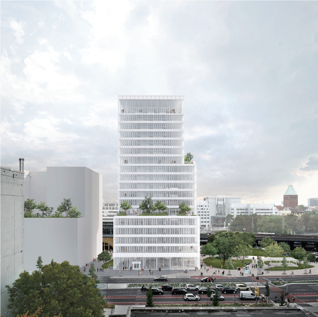 Blick von Norden auf das geplante Hochhaus.