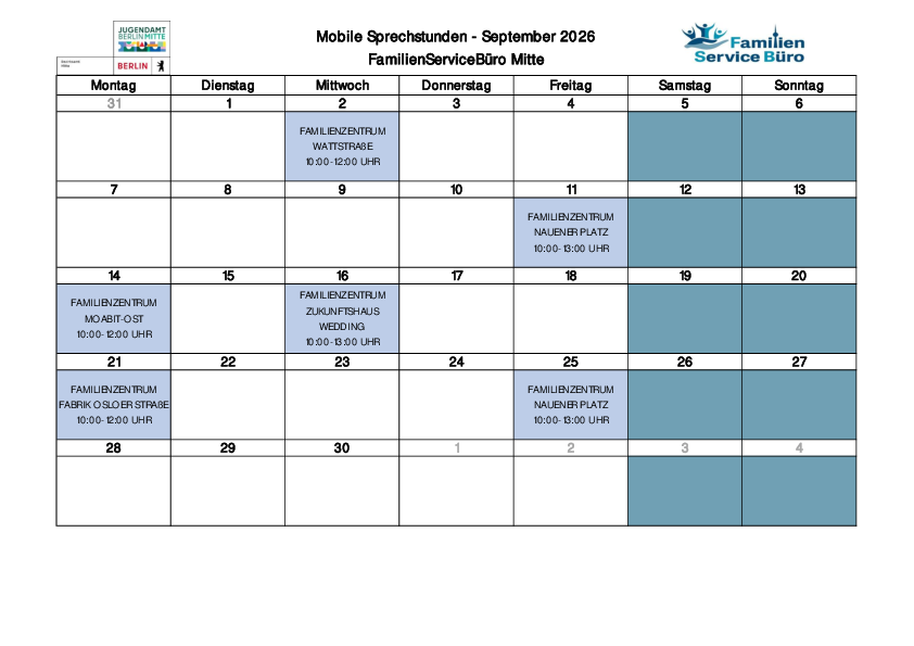 Kalender "Sprechstunden des Familienservicebüros Mitte" September 2026