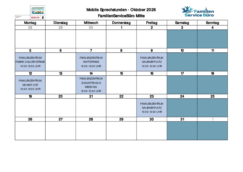 Kalender "Sprechstunden des Familienservicebüros Mitte" Oktober 2026