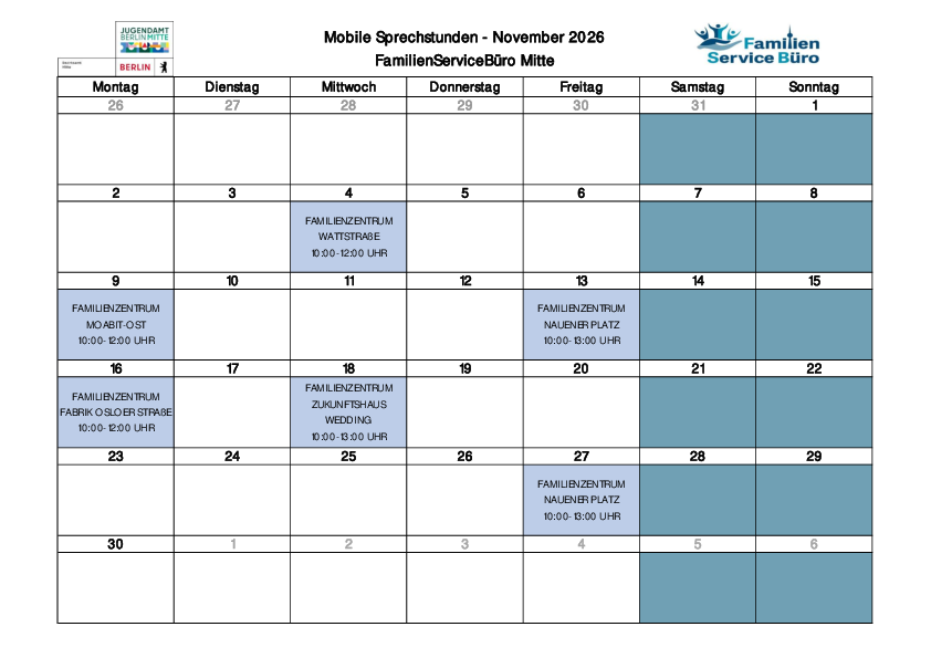 Kalender "Sprechstunden des Familienservicebüros Mitte" November 2026