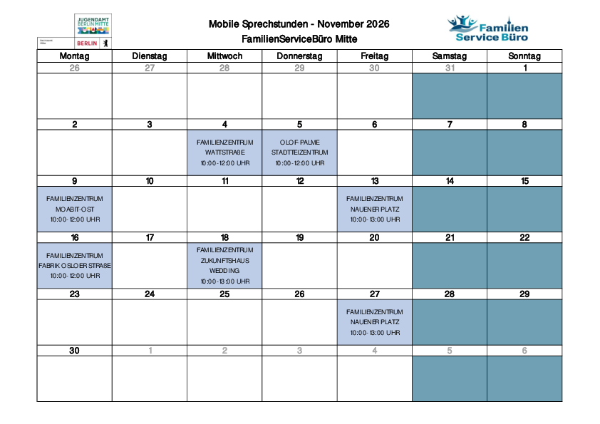 Kalender "Sprechstunden des Familienservicebüros Mitte" November 2026