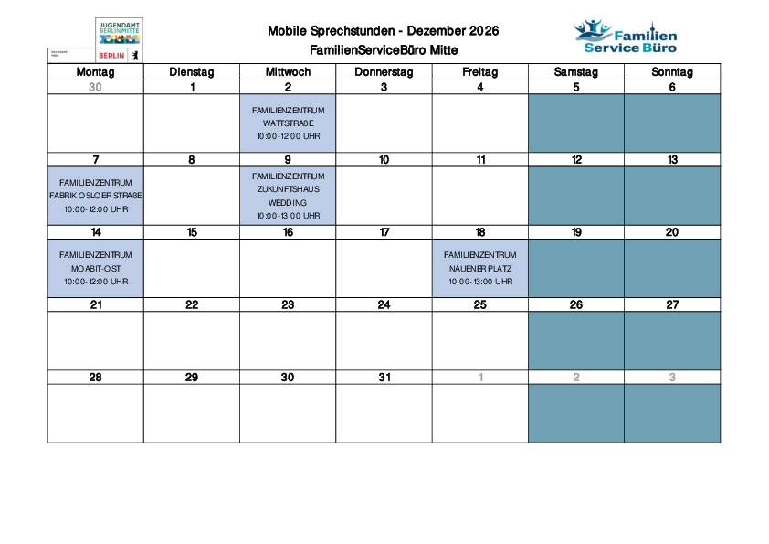 Kalender "Sprechstunden des Familienservicebüros Mitte" Dezember 2026