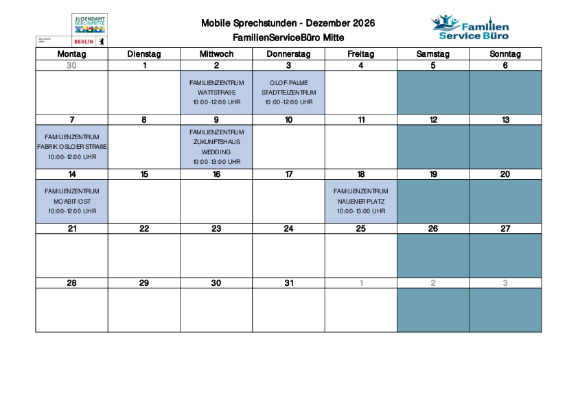 Kalender "Sprechstunden des Familienservicebüros Mitte" Dezember 2026