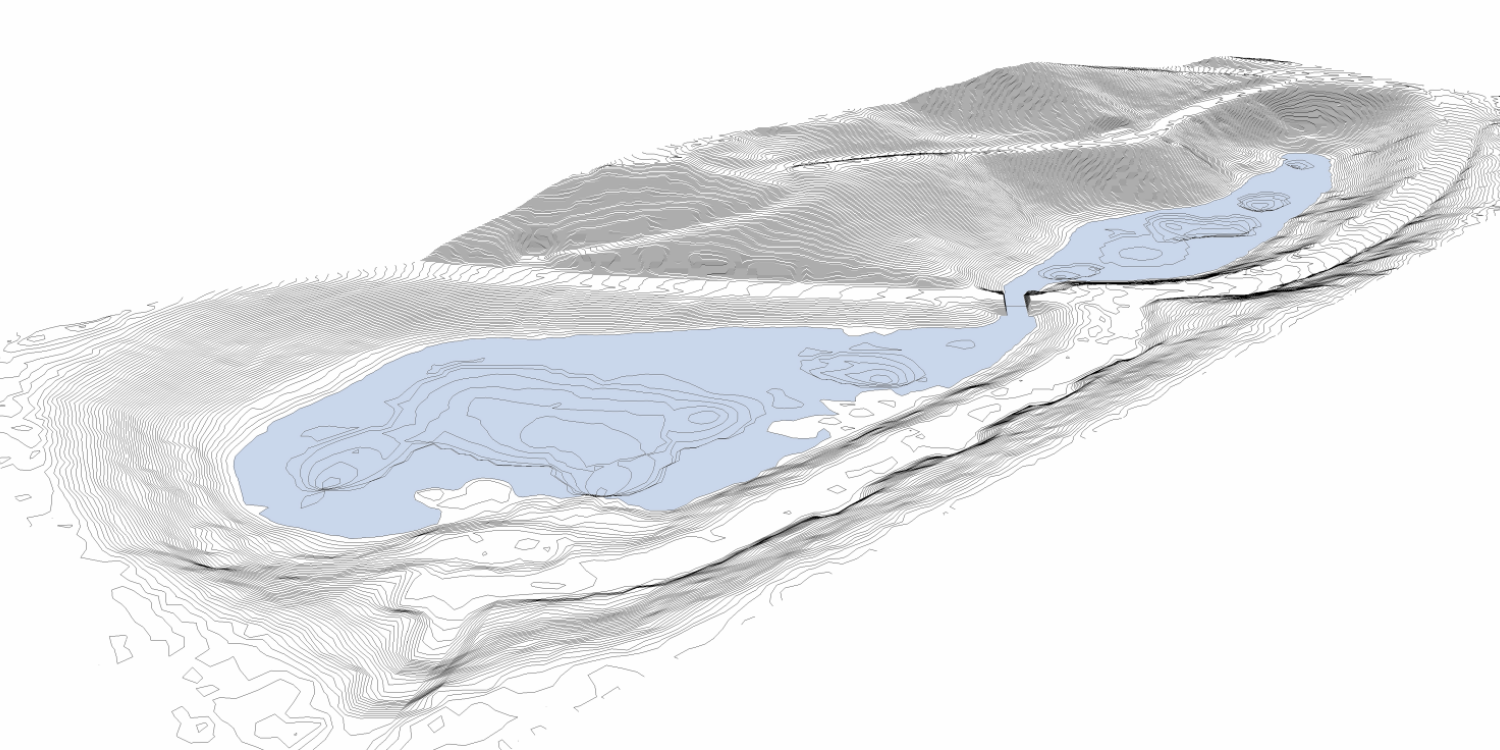 3D-Geländemodell mit aktueller Schlammoberkante, vorne: Sperlingsee; hinten Entenpfuhl
