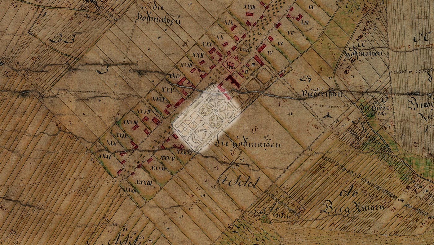 Plan von Dorf und Garten Rosenthal (Ausschnitt), 1707
