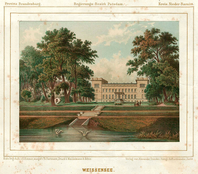 Schloss Weißensee mit Terrassen am Seeufer, 1861