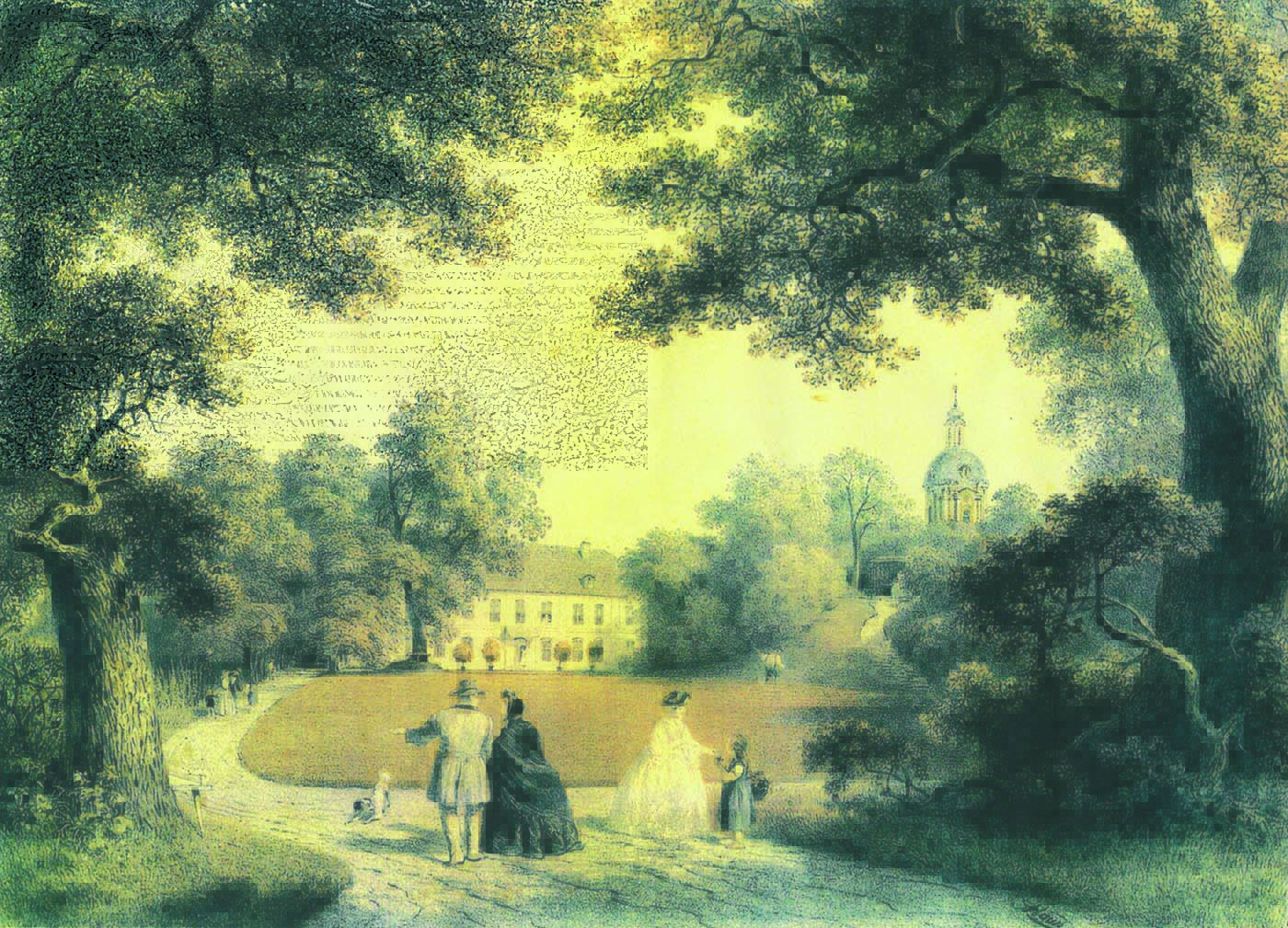 Schlosspark Buch mit Blick auf Schloss und Kirche um 1860