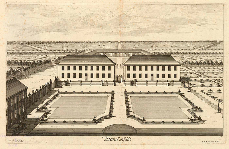 Stilisierte Ansicht vom Schlösschen und vom Garten Blankenfelde um 1733