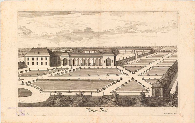 Stilisierte Ansicht vom Schlösschen und vom Garten Rosenthal um 1733