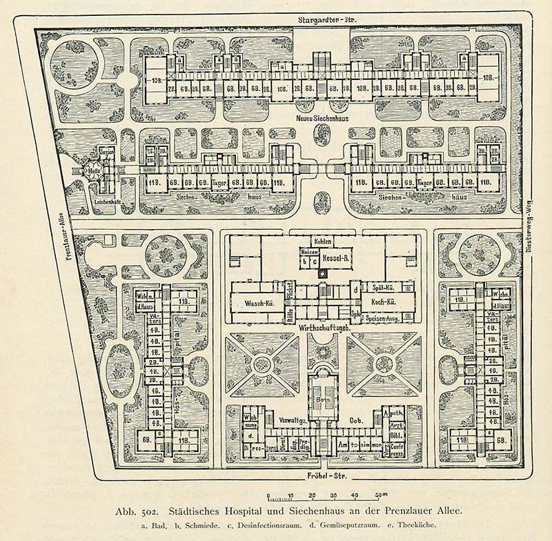Historischer Lageplan des Friedrich-Wilhelm-Hospitals in der Fröbelstraße, 1896