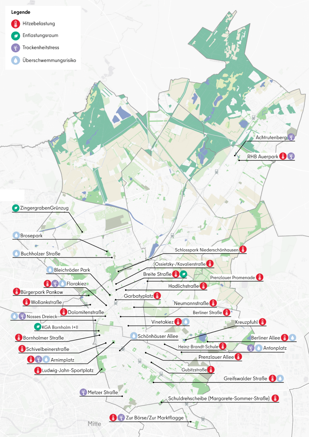Übersichtskarte der genannten Orte mit den jeweiligen Problemschwerpunkten