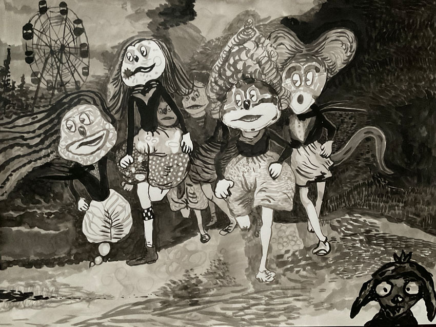 Julia Kissina, FLUCHT, 2020, Tusche auf Papier, 36 x 48 cm