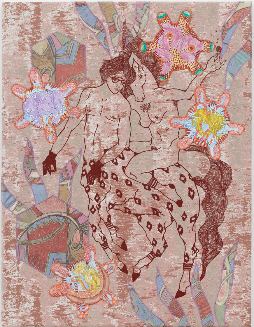 Nadira Husain: Équilove, mo mo, 2021, Siebdruck, Gouache und Acryl auf Leinwand und Stoff, 78 x 60 cm