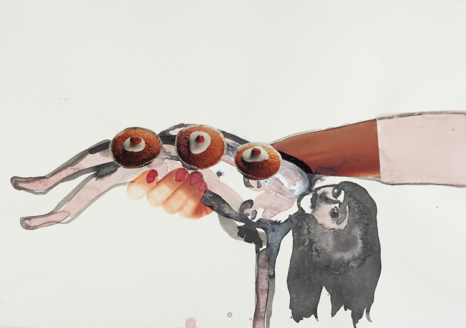 Niina Lehtonen Braun: Ohne Titel (Aus der Serie: My body is my studio), 2025, Collage, Tinte, Wasserfarbe auf Papier, 29,7 x 42 cm, Foto: Ludger Paffrath